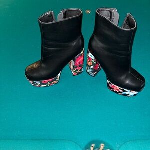 Floral Platform Black Ankle Boots